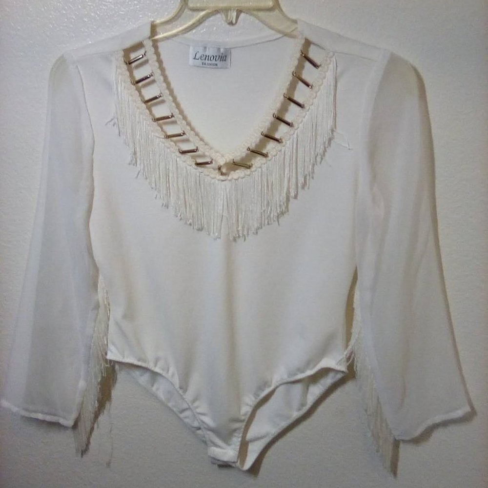 Lenovia Fashion Cream color Bodysuit with Sheer Sleeves XL